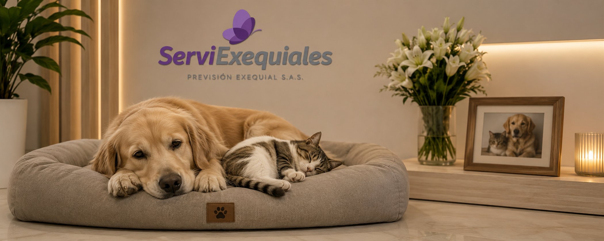Espacio de ServiExequiales para el servicio exequial de mascotas, con un perro y un gato descansando